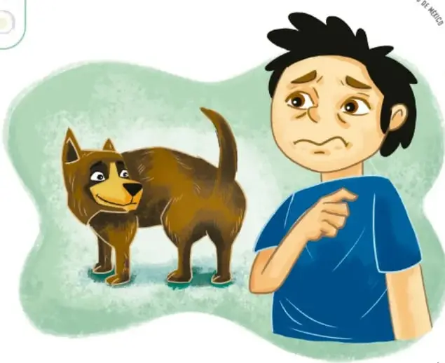Ilustración del mismo niño con expresión pensativa y su perro de pie a su lado, mirándolo.