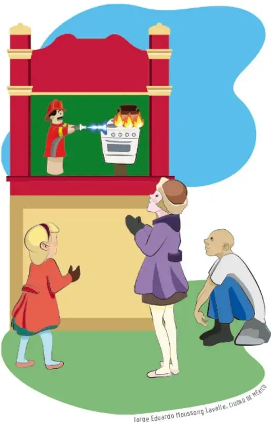 Ilustración de tres niños y un adulto frente a un teatro de títeres donde un bombero apaga un incendio en una estufa; crédito a Jorge Eduardo Moussong Lavelle, Ciudad de México.