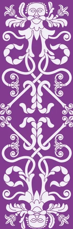 Ilustración decorativa de estilo tradicional mexicano (tenango) en color morado con figuras simétricas de flores, aves y rostros.