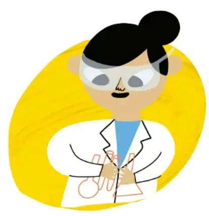 Ilustración de una maestra (personaje con cabello recogido, lentes y bata de laboratorio) sobre un círculo amarillo, sosteniendo un matraz con sustancia naranja; representa a la maestra de Martha que explica a sus estudiantes que actividades y profesiones no se determinan por el sexo.