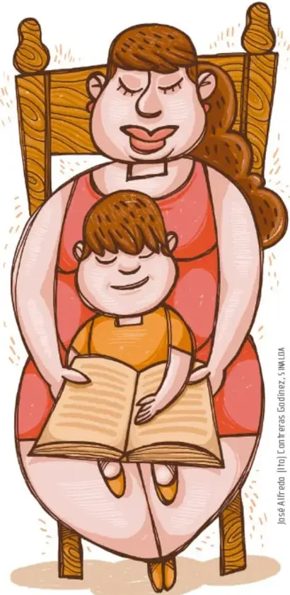 Ilustración de una madre sentada en un sillón leyendo un libro junto a su hijo pequeño, que está en sus brazos; transmitiendo convivencia y lectura en familia. Crédito: José Alfredo Jhoto Cortez, S.N.L.L.D.A.