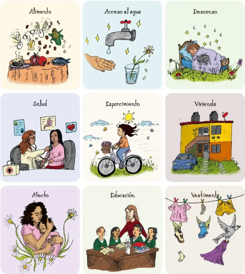 Nueve ilustraciones con recuadros de colores que representan las necesidades: alimento (frutas, verduras, pescado sobre un manto), acceso al agua (llave con gotas, mano y vaso), descanso (niña durmiendo con gato y estrellas), salud (médica atendiendo a una paciente), esparcimiento (niña en bicicleta al aire libre), vivienda (casa amarilla con tinaco y carro), afecto (madre abrazando a su hija rodeadas de margaritas), educación (maestra con alumnos en el salón) y vestimenta (ropa tendida en un cordel con pájaros).