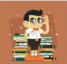 Niño con anteojos parado sobre una pila de libros (KNOWLEDGE).