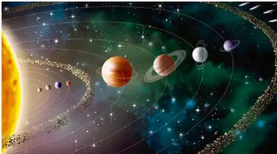 Ilustración del sistema solar con el Sol a la izquierda y los planetas orbitando en sus trayectorias con asteroides y estrellas de fondo.