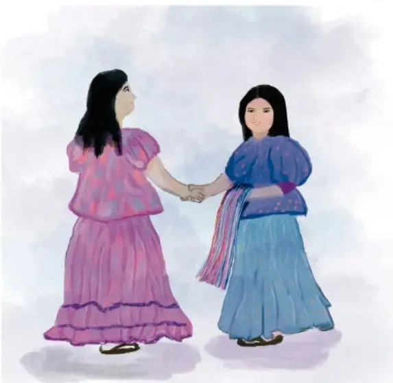 Ilustración de dos niñas tomadas de la mano, una con vestido rosa y otra con vestido azul, en actitud amistosa.