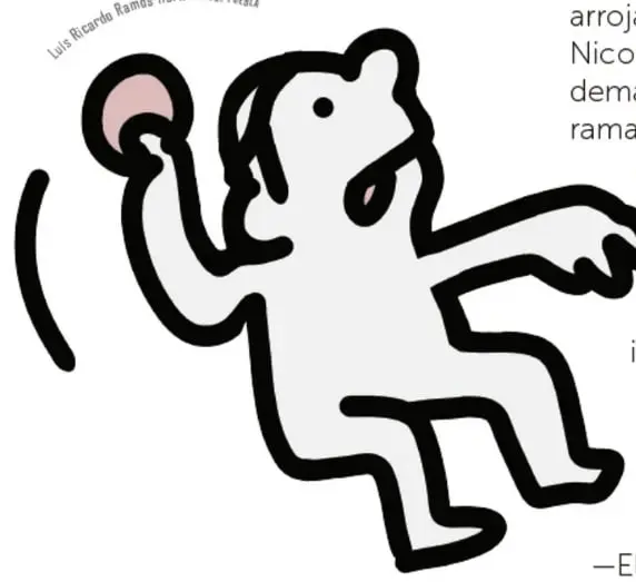 Figura infantil estilo Keith Haring, blanca con contorno negro, arrojando una piedra rosa, de Luis Ricardo Ramos Hernández.