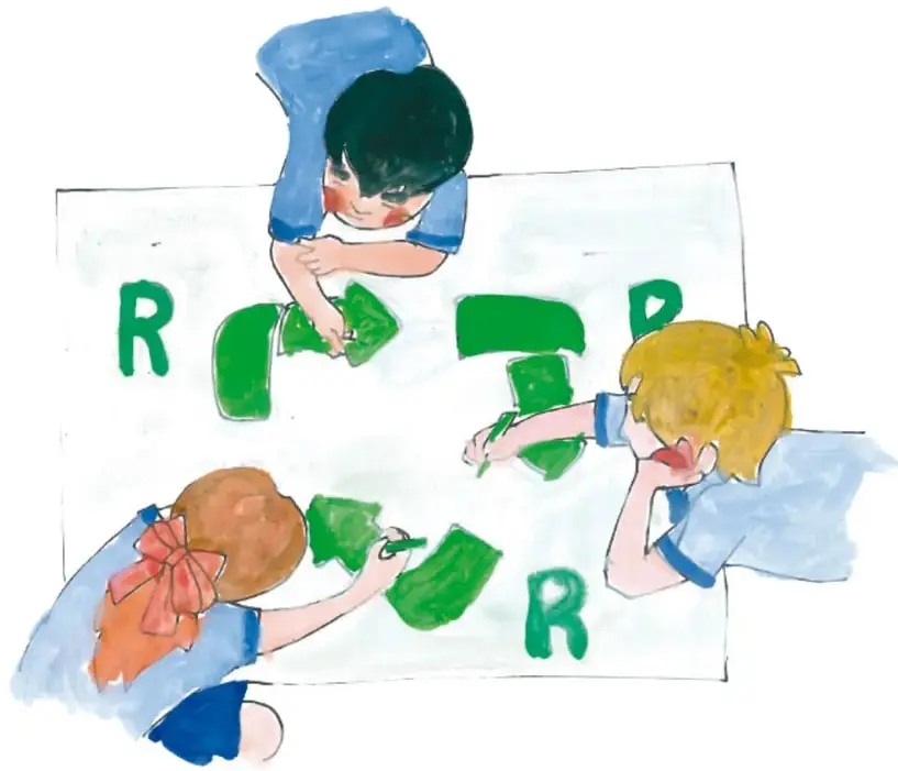 Ilustración de tres estudiantes de primaria elaborando un cartel con letras verdes que forman la palabra 'REUTILIZAR'; uno de ellos sostiene un pincel.