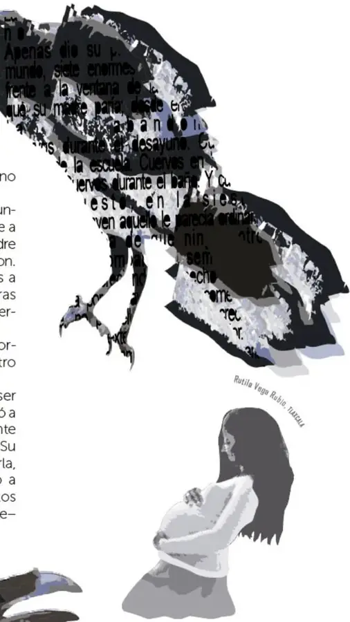 Ilustración de un cuervo negro de gran tamaño con texto superpuesto en tonos oscuros.