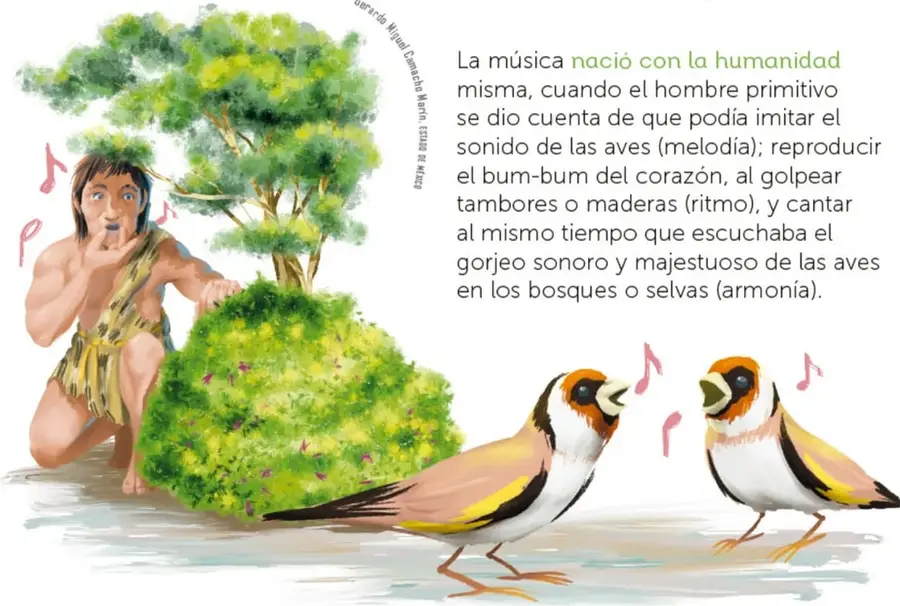 Ilustración de un hombre primitivo agachado entre arbustos escuchando dos aves que cantan con notas musicales alrededor.