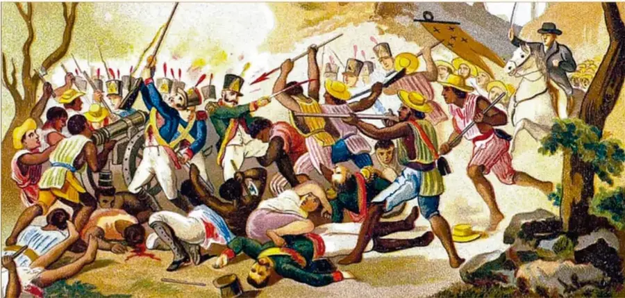 Litografía coloreada de Víctor Labielle, «Batalla de Monte de Las Cruces» (1886): combate entre insurgentes —entre ellos soldados y combatientes afrodescendientes con sombreros de paja y camisetas a rayas— y tropas realistas con uniformes y fusiles; aparecen caballos, cañones y combatientes caídos en el campo de batalla.