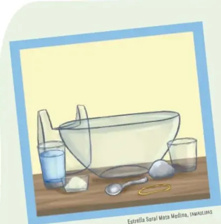 Materiales: vaso de vidrio con agua, cuchara, sal, recipiente de plástico, plástico transparente y piedra.