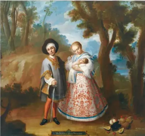 Pintura de castas con un hombre español, una mujer indígena y un niño, en un paisaje al aire libre, con cartela identificatoria.
