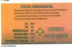 Captura de pantalla de un video o infografía sobre verbos pronominales en lynk.ec/8y25. Muestra texto sobre verbos pronominales con una tabla de pronombres y el texto 'VERBO conjugado' en un recuadro naranja.