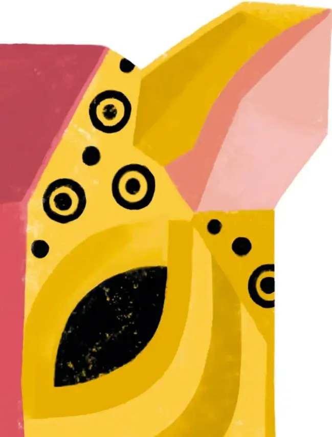 Ilustración de la cabeza de un jaguar de color amarillo con manchas negras, mostrando dientes y lengua.