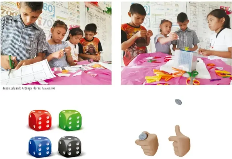 Dos fotografías de niños y niñas trabajando en equipo con materiales sobre una mesa cubierta con plástico rosa.