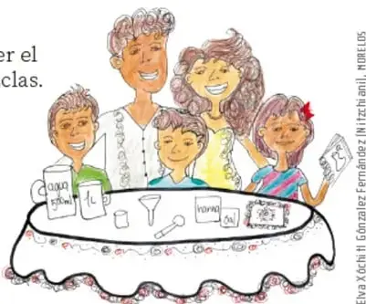 Ilustración de una familia (abuelos, padres e hijos) alrededor de una mesa con los materiales del experimento: jarra, vaso, embudo, cuchara y sobres.