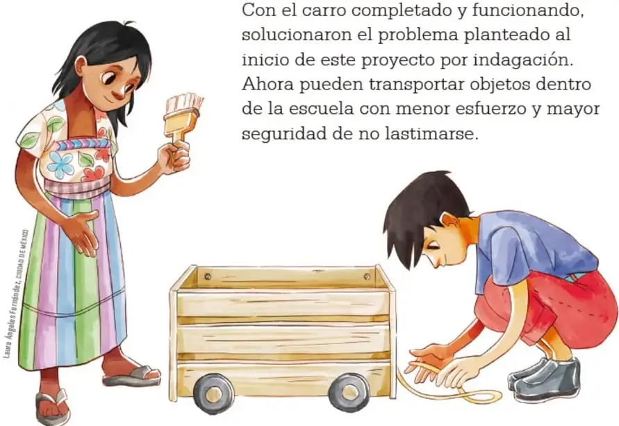 Ilustración de una niña con un pincel y un niño ajustando un carro de madera con ruedas, utilizado para transportar objetos.