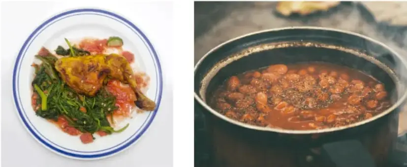 Plato con pollo guisado, verduras y salsa roja sobre fondo blanco.