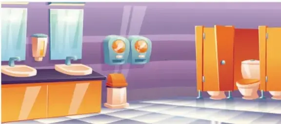 Ilustración de un baño escolar con lavabos, dispensadores de jabón, papel higiénico y cabinas con inodoros naranjas.