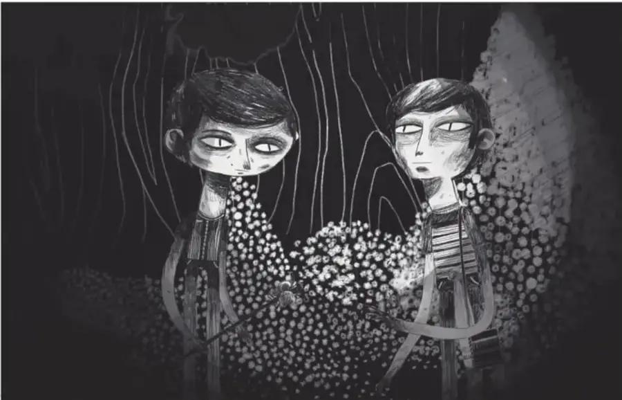Ilustración en blanco y negro estilo grabado: dos personajes jóvenes de ojos grandes con plantas o flores entre las manos, sobre fondo oscuro con rayos de luz.