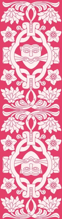 Banda vertical decorativa magenta con motivos florales simétricos y dos rostros prehispánicos enmarcados.