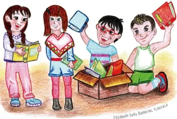 Ilustración de cuatro niños y niñas con libros en las manos, uno de ellos sostiene un libro rojo en alto; hay una caja con más libros.