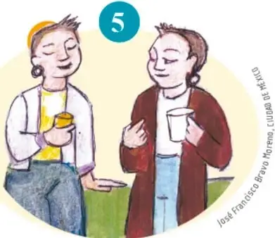 Dos personas conversando con tazas; ilustra confiar en el diálogo.