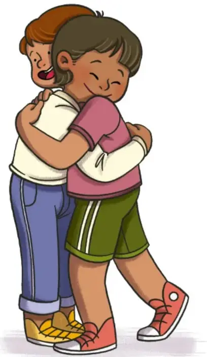 Ilustración de dos niños abrazándose, uno con camiseta blanca y jeans y otro con camiseta rosa y shorts verdes, símbolo de empatía y reconciliación. Crédito: Adriana Flores Mercado, Estado de México.