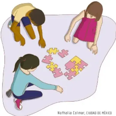 Ilustración de tres estudiantes reunidos sobre una cobertura, armando piezas de un rompecabezas; crédito: Nathalia Colmar, CIUDAD DE MÉXICO.