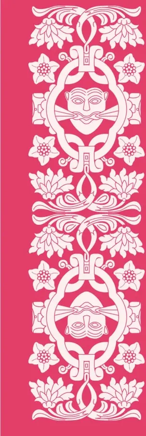 Banda decorativa vertical magenta con motivos florales simétricos y dos máscaras antropomorfas de estilo prehispánico en blanco, arte tradicional mexicano.