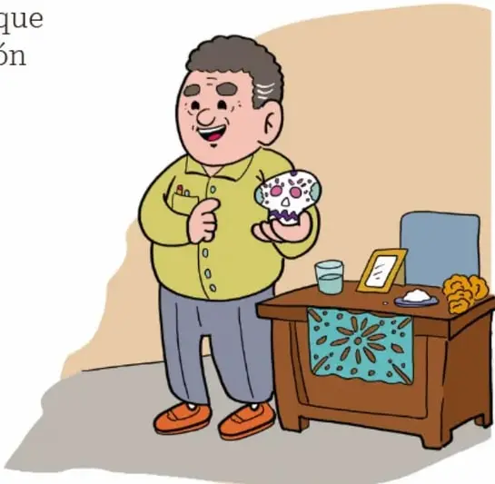 Ilustración de un personaje sonriente sosteniendo una calaverita de azúcar, junto a un mueble con mantel, un vaso de agua, una fotografía enmarcada, sal y pan de muerto; crédito a Israel Campos de León, Coahuila.