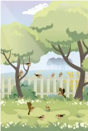 Ilustración de los acontecimientos: escena de un parque con árboles, cerca y pájaros, con el rótulo 'Acontecimientos: Sucesos o hechos que ocurren en la narración.'
