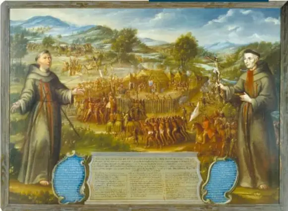 Cuadro que ilustra el ataque a la misión de San Sabá por los apaches. Se ven dos misioneros y un grupo de indígenas atacando.