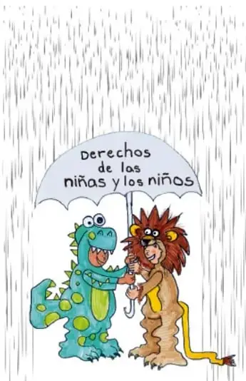Dibujo de un paisaje con montañas, una choza, una persona a caballo y un balón, relacionado con la vida infantil en el pasado. Autor: Claudia Lucía Bautista Parra, Jalisco.