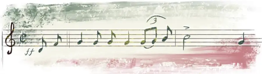 Pentagrama con notas musicales dibujadas a mano, con indicación de dinámica ff (fortissimo) y un tresillo marcado con el número 3.