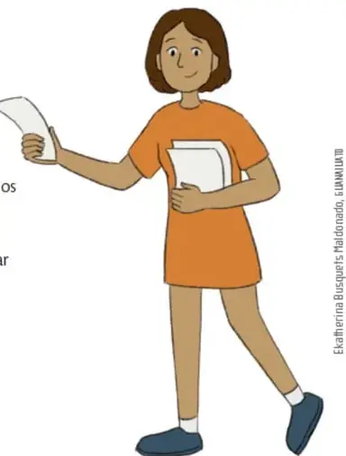 Ilustración de una estudiante con camiseta naranja y pantalón beis, sosteniendo una hoja en alto con la mano derecha y papeles bajo el brazo izquierdo; creditos: Esthela Bucardo Peña/Häuser+Partner.
