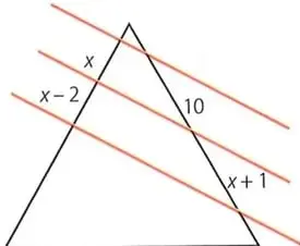 Triángulo con tres rectas paralelas que cortan sus lados. En los segmentos aparecen las expresiones x, x-2, 10 y x+1.