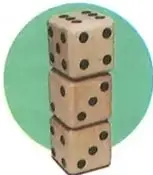 Tres dados apilados verticalmente sobre una mesa; la cara superior del dado superior muestra cinco puntos.