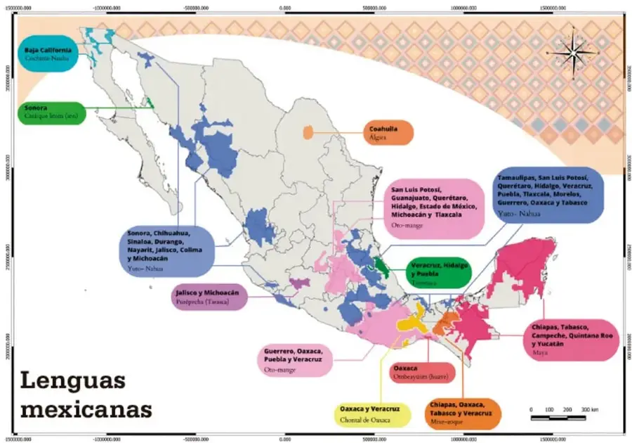 Mapa de México titulado 'Lenguas mexicanas' que muestra con colores y etiquetas las lenguas indígenas habladas en cada región: Baja California (Cucapá, Kiliwa, Pai pai, Cochimí), Sonora (Yaqui, Mayo), Coahuila (Kikapú), Yuto-nahua, Oto-mangue, Purépecha, Totonaco, Mixteco, Chinanteco, Mixe-zoque y Maya.