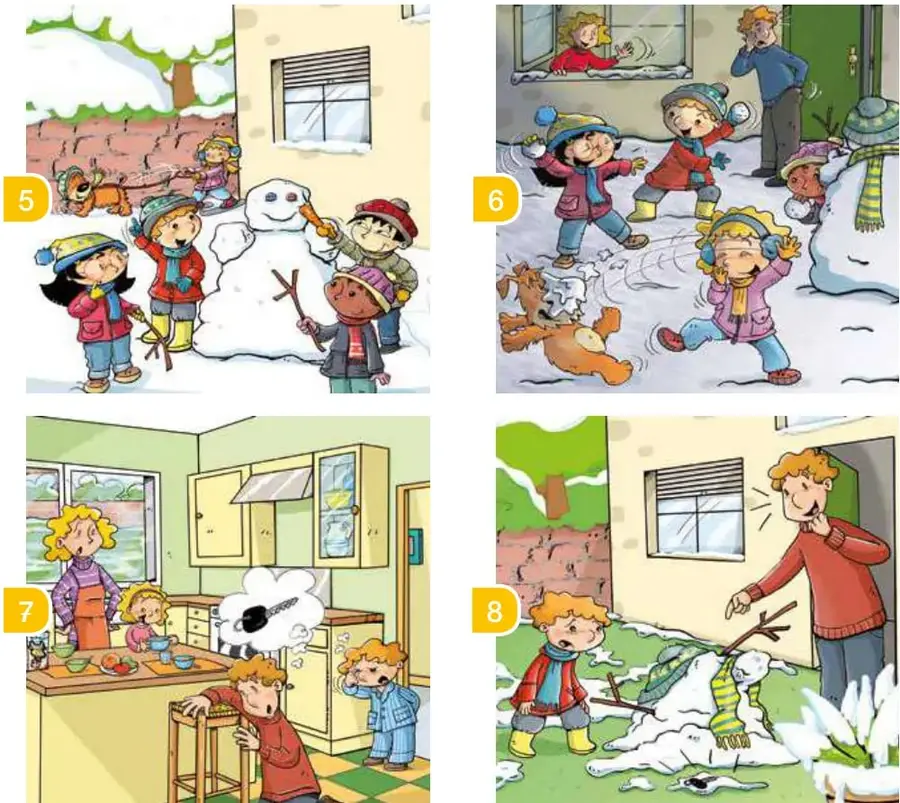 Niños con ropa de invierno construyen un muñeco de nieve frente a una casa; hay un perro y nieve en el suelo.