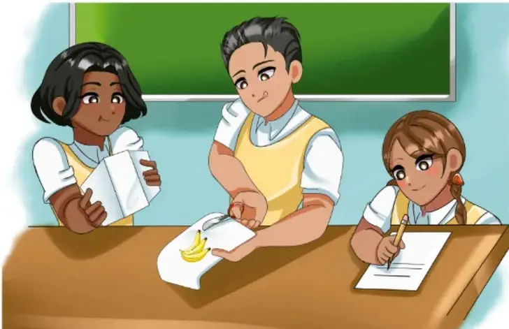 Ilustración de tres estudiantes en un salón de clases revisando un tríptico; uno de ellos sostiene un papel con un plátano dibujado.