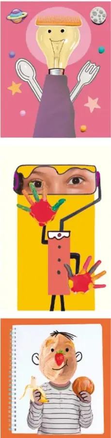Tres collages infantiles: un personaje de cabeza-bombilla con utensilios de cocina en fondo rosa; un rostro recortado con palmas de manos pintadas; un niño con carita de frutas y una banana.