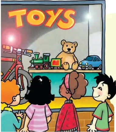 Vitrina de juguetería con un oso de peluche, un tren de juguete, una bicicleta y un auto azul. Cuatro niños observan.