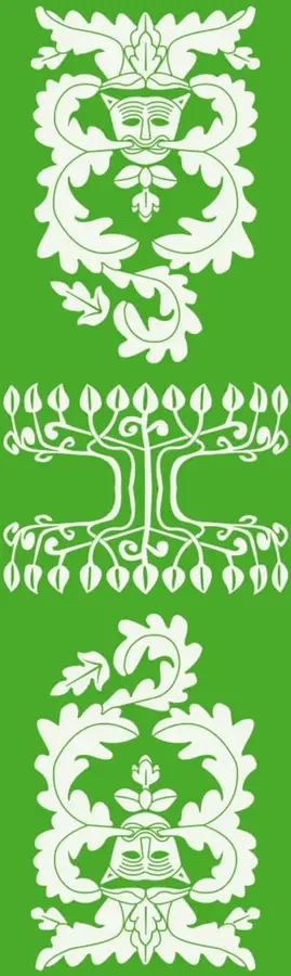 Tres ornamentos botánicos/fantásticos en blanco sobre fondo verde: un personaje con sombrero y bigote enmarcado por hojas, un árbol estilizado con hojas simétricas arriba y raíces con hojas abajo, y otro personaje similar enmarcado por follaje.