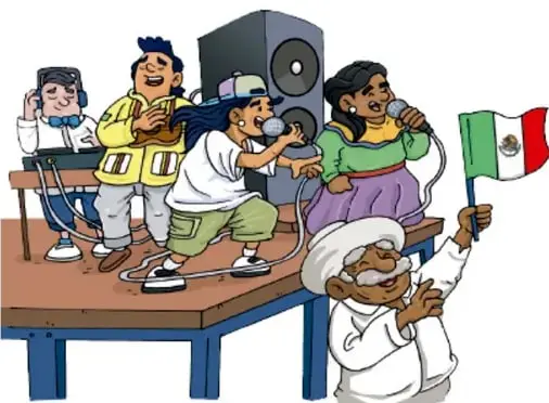 Ilustración de un grupo de jóvenes presentando en un escenario: cantan con micrófonos, uno con equipo de audio, y una persona con sombrero mexicano agita la bandera de México. Crédito: Israel Campos de León, COAHUILA.