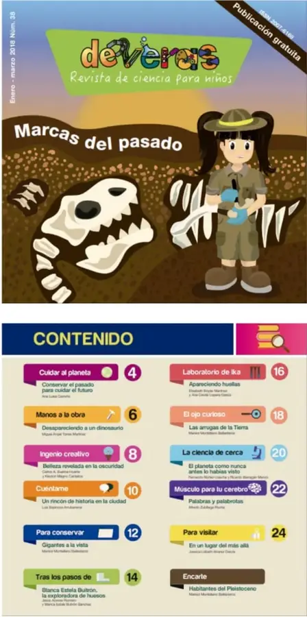 Índice de la revista con secciones, títulos y números de página.