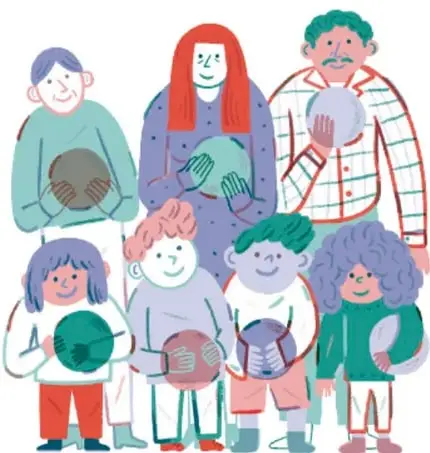 Ilustración de un grupo de niñas, niños y adultos de la comunidad sosteniendo globos terráqueos, representando la unión en torno a un mensaje compartido.