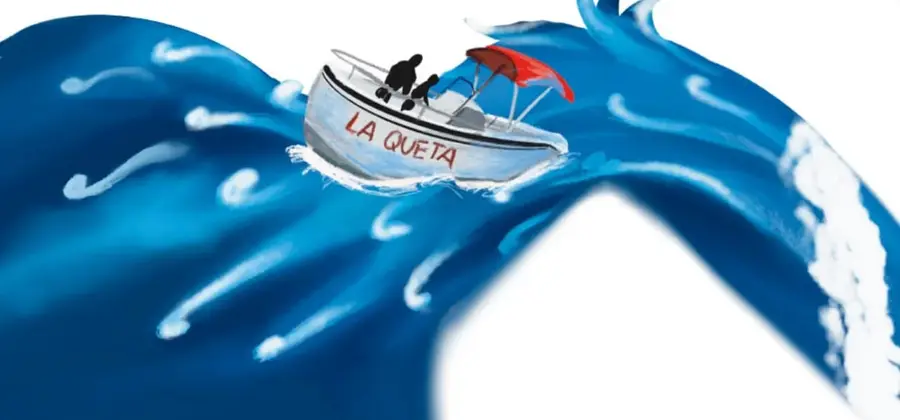 Ilustración del bote "LA QUETA" con techo rojo y dos tripulantes, navegando sobre una ola enorme de tonos azules.