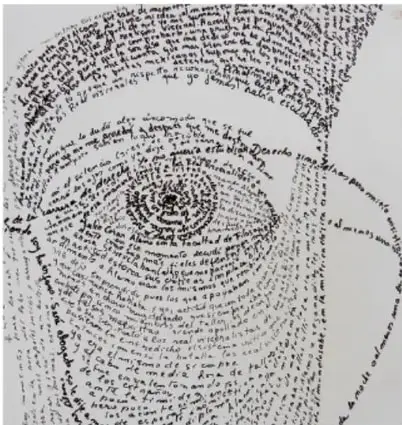 Fotografía en blanco y negro de un caligrama: texto manuscrito dispuesto en espiral que forma la silueta de una cabeza o rostro humano, ilustrando la unión entre palabra e imagen.