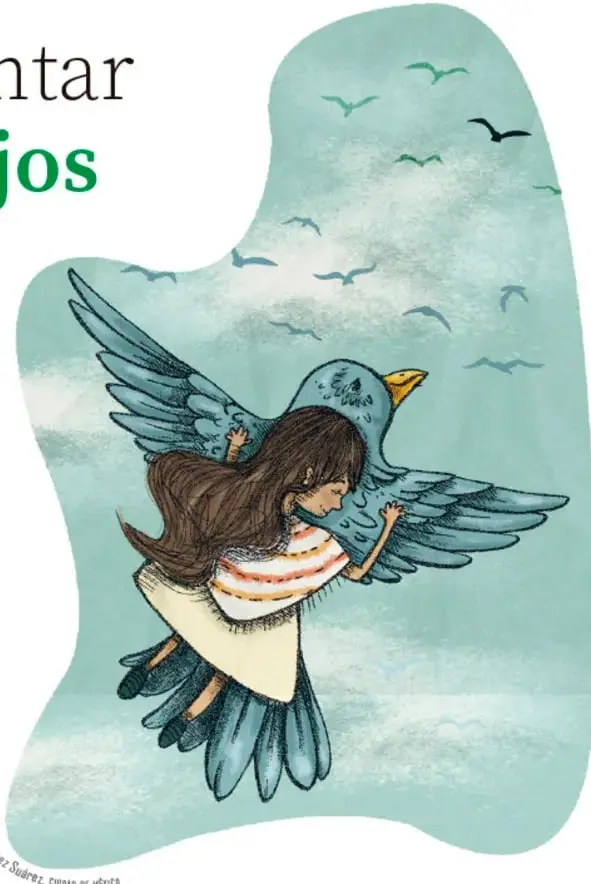 Ilustración de una niña de cabello largo abrazada a un ave azul de gran tamaño, volando entre nubes y otras aves. Firmada por Irán Martínez Suárez, Ciudad de México.